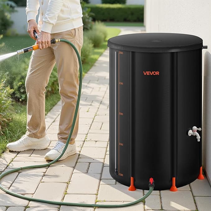 VEVOR Collapsible Rain Barrel, 100 Gallon Portable Rain Water Collection Barrel, 1000D PVC Rainwater Collection System, Garden Water Catcher Tank Storage Container with Spigot & Overflow Kit, Black