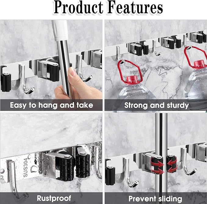 2 Pack Broom Holder Wall Mount, 3 Racks 4 Hooks Mop and Broom Organizer