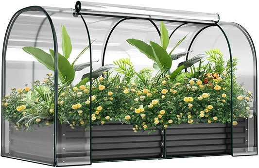 DoCred Galvanized Raised Garden Bed with PVC Cover, 72.8" x 37.4" x 47.2" Metal Planter Bottomless Box w/ Roll-Up Window, Mini Greenhouse Tent for Outdoor Growing Vegetables Flower Fruit