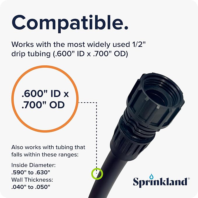 Sprinkland® 1/2" Drip Irrigation Adapter | Made in USA | Fits Faucet/Garden Hose | Compatible with .600" ID x .700" OD and 5/8" Drip Tube | 3-Pack