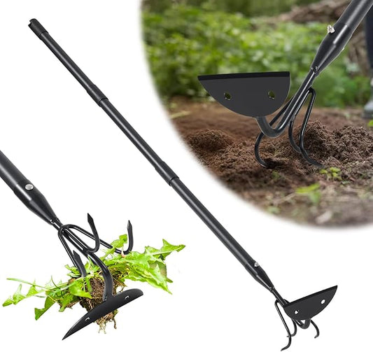 COCONUT 2-in-1 Garden Hoe, 60" Weeding & Cultivating Tool with Curved Tines & Sharp Blade, Stand-Up Design Saves Your Back, for Loosening Soil in Vegetable Garden & Flower Beds