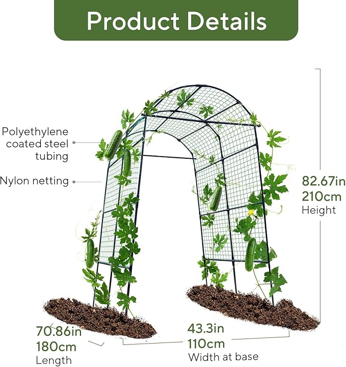 FOLLOOK Garden Arch Trellis for Climbing Plants Outdoor, 7.8 ft Tall Cucumber Trellis for Raised Bed, Plastic-Coated Metal Plant Support Vegetable Squash Pea Bean Grape Vine Arbor, Black