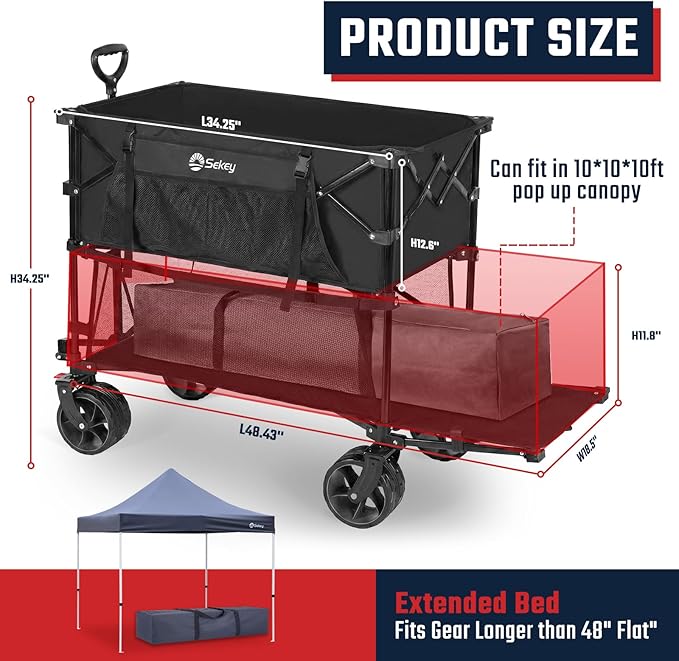 Sekey 500LBS Heavy Duty Double Decker Wagon with Extender, 400L Large Capacity Collapsible Garden Cart Fits 10x10 Canopy, All-Terrain Big Wheels with Brakes, Foldable Utility Wagon for Sports, Camping