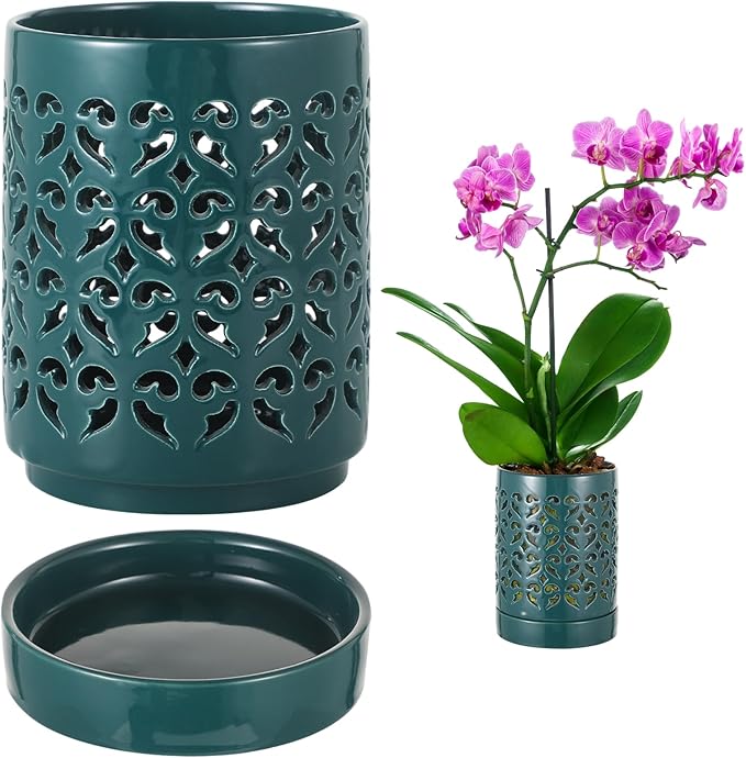 Ceramic Orchid Planter with Holes Orchid Pots with Tray for Home Plant Decoration, Quality Ceramic Material Breathable Design Ideal for Indoor and Outdoor Use