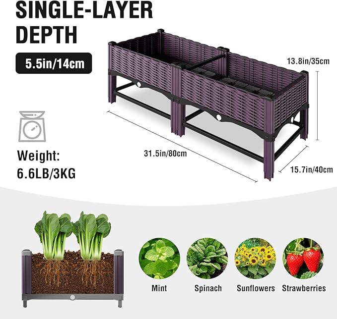 Raised Garden Bed with Reinforcement Rods Elevated Planter Boxes for Outdoor Plants with Drainage Holes for Flowers Vegetables Herbs Patio Backyard Deck Balcony,Purple