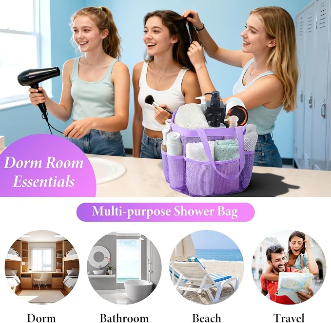 Mesh Shower Caddy Portable - 9 Pockets, Shower Bag for Dorm Room Camping | 2 Handle Quick Dry Shower Bag College Dorm Room Essentials Large Capacity Hanging Basket for Bathroom Travel Swimming Gym