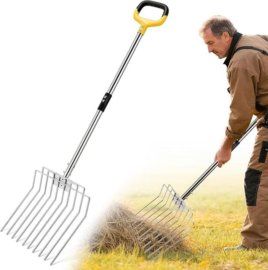 AugFir Pitchfork for Gardening, 50" Multifunctional Stainless Steel Garden Pitchfork with Handle, Suitable for Shoveling, Fertilizing, Transplanting, Mulching Garden Fork - 10 Tines