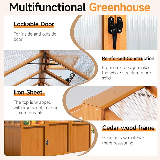 6x12 FT Wooden Greenhouse ,Natural Wood Garden House for Plants,Heavy Duty Green House with Polycarbonate Panel, Walk-in Large Garden Greenhouse for Yard, Patio, and Backyard