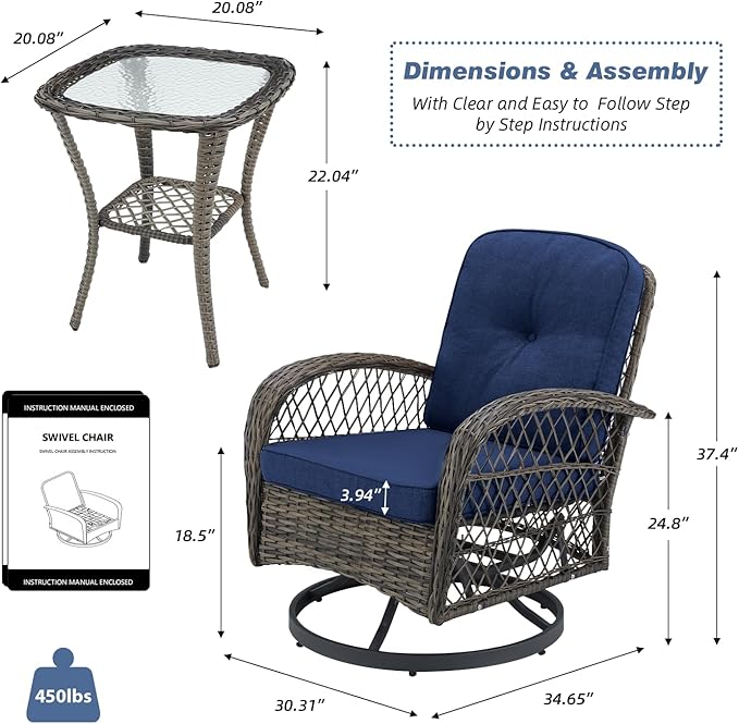 MELLCOM 3 Pieces Patio Furniture Set, Outdoor Swivel Rocker Patio Chairs, Wicker Patio Bistro Set with Rocking Chair, Thickened Cushions and Glass Coffee Table for Backyard, Garden, Navy Blue