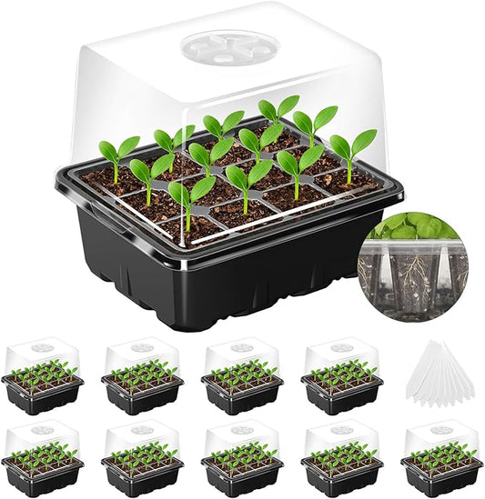 MIXC Seed Starter Tray with Elevated Lid, 120 Cells Seed Starter Kit with Adjustable Humidity Dome, Drainage Hole, Clear Heightened Lids for Indoor Outdoor Greenhouse Gardens, 10 Pack, Black
