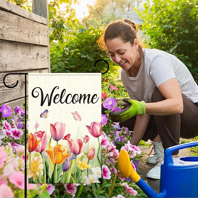 Welcome Flags for Outside,Spring Tulips Garden Flag for Yard Patio Lawn Decoration,12x18 Inch Double Sided