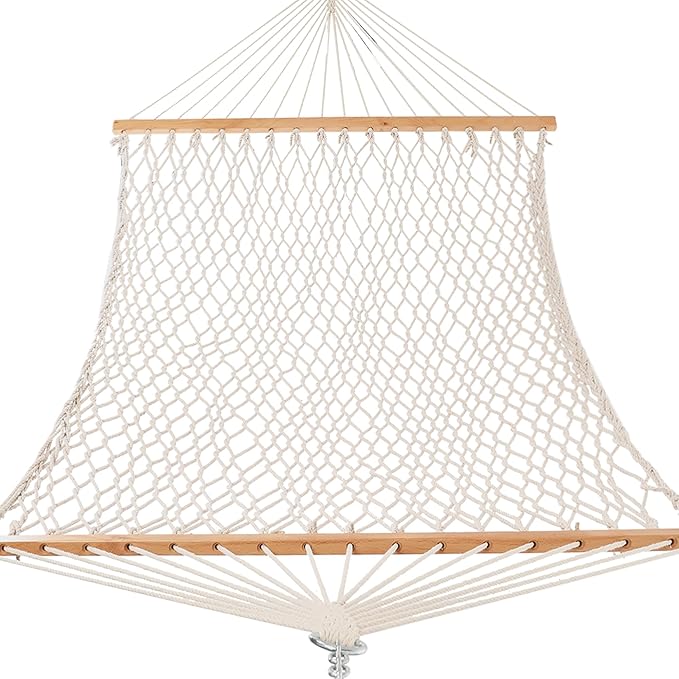 Gafete Rope Hammock 2 Person Traditional Hand Woven Outdoor Cotton Hammocks with Hardwood Spreader Bar, Max 450 lbs Capacity (Natural Beige, Large)