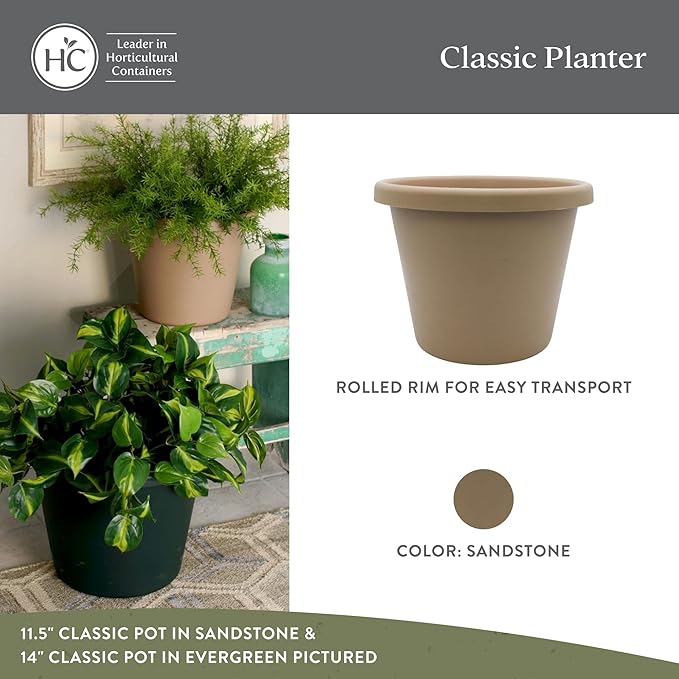 The HC Companies 14 Inch Classic Round Planter Pots with Drainage, Rolled Rim Plastic Planters for Indoor & Outdoor Plants, 2-Pack Decorative Flower Pots for Garden, Office & Home Decor, Sandstone