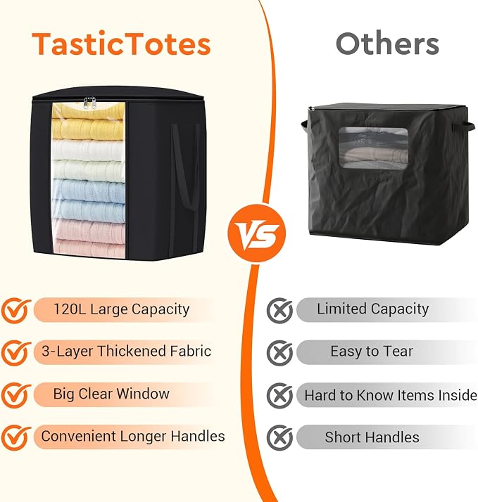 TasticTotes 120L Extra Large Blanket Clothes Storage Bags, Gray, 4 Pack