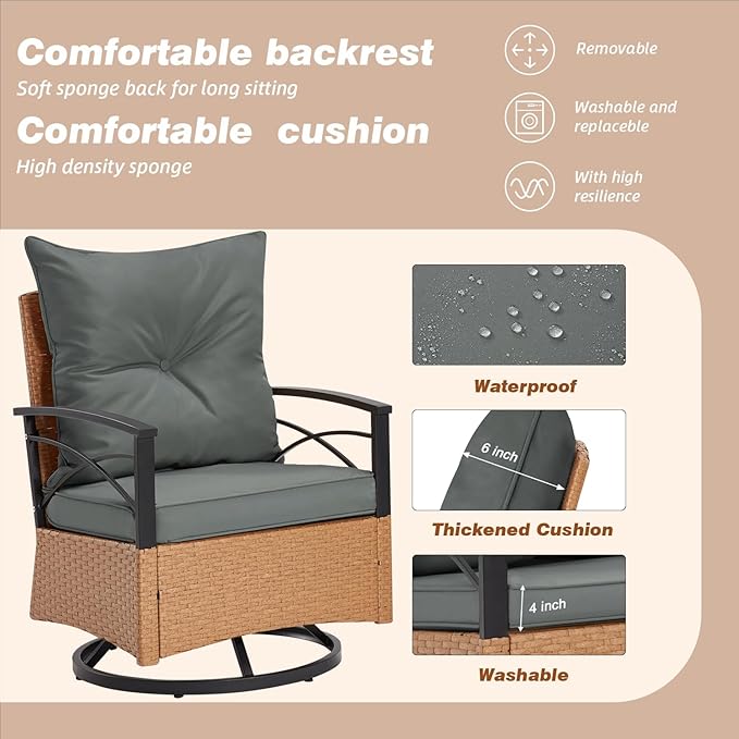 MELLCOM 3 Pieces Patio Furniture Set, Outdoor Swivel Patio Rocker Chairs with Thick Cushions and 2-Tier Coffee Table, Oversize Wicker Bistro Conversation Sets for Garden, Balcony, Backyard, Grey