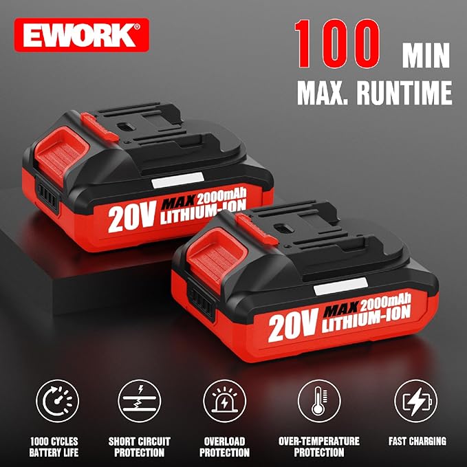 EWORK 20V Cordless Tiller Cultivator with 2×2.0Ah Batteries & Fast Charger,9" Width 7" Depth Electric Garden Rototiller for Yard Lawn Soil Cultivation
