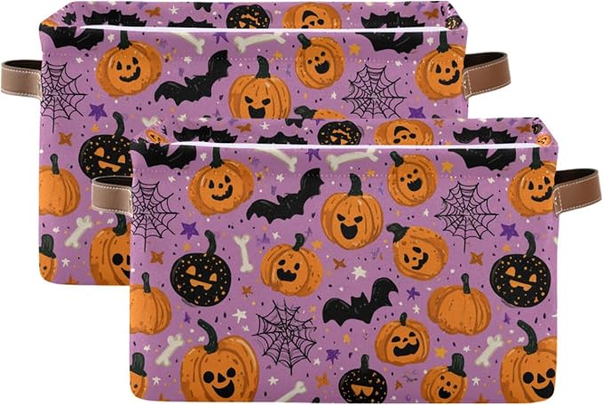 Halloween Pumpkin Purple Storage Basket with Waterproof Liner and PU Handles Spooky Bats Skull Storage Bins Boxes 14.2" Collapsible Decorative Organizer Baskets for Bedroom Closet Office 2 Pack