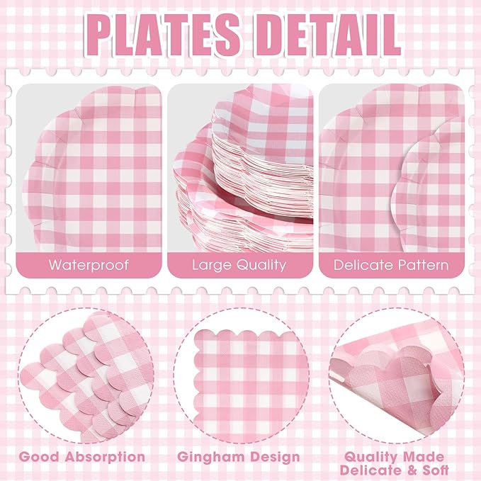 Funnymoom 400 Pcs Gingham Party Supplies for 50 Guests Pink and White Paper Plates and Napkins Knives Spoon Fork Cup Disposable Checkered Dinner Party Set Cutlery for Baby Shower Wedding Favor