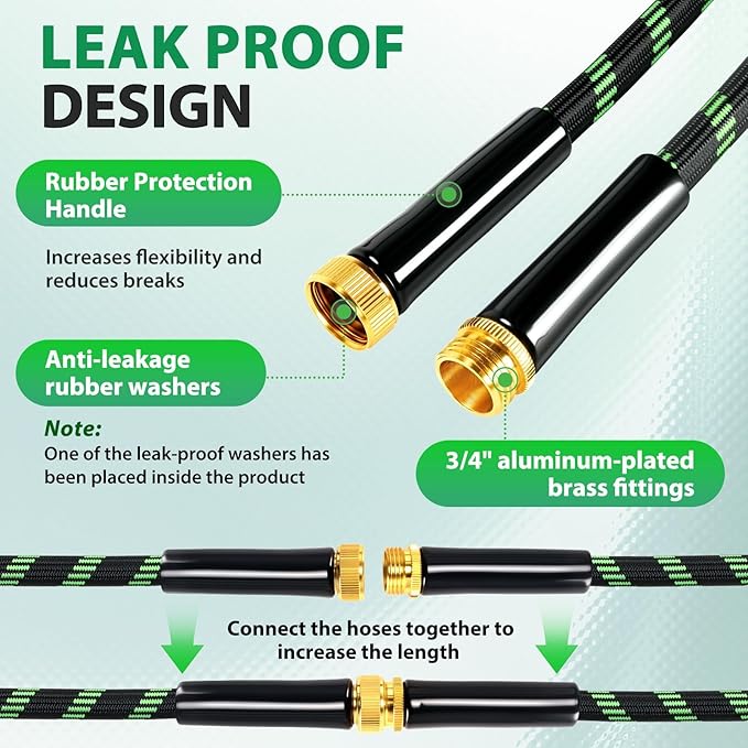 Garden Hose 25 ft Water Hose Flexible Non-Expandable Outdoor Heavy Duty Lightweight Leakproof Kink-free flex Watering Hose Pipe with Nozzle 3/4 inchs Fitting Yard Lawn Outside Car Wash