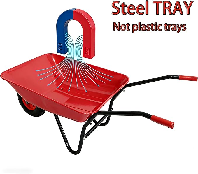 Steel Tray Wheelbarrow Heavy Duty Garden Cart with 12 Inch Pneumatic Wheel, 220lbs Capacity Lightweight Yard Cart Wheelbarrow for Landscaping, Residential Gardening, Red (Red)