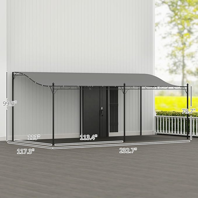 Outsunny 10' x 20' Outdoor Pergola Canopy, Wall-Mounted Metal Patio Canopy with Weather-Resistant Fabric and Drainage Holes for Backyard Garden Porch Beach, Dark Gray