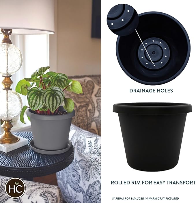 The HC Companies 20 Inch Round Prima Planter - Large Plastic Plant Pot with Rolled Rim for Indoor Outdoor Plants Flowers Herbs, Black