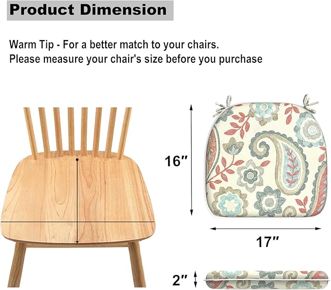 DYTXIII Set of 2 Outdoor Chair Cushions with Ties, Water Repellent Patio Chair Pads 17"x 16" for Outdoor Furniture, Round Corner Seat Cushions for Garden Yard Kitchen Paisley Vintage