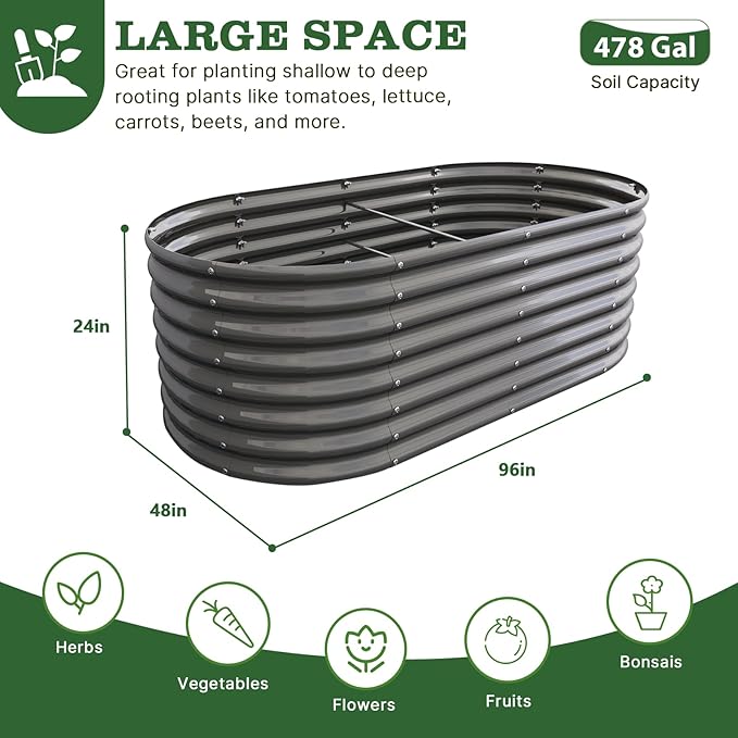 A ANLEOLIFE 8X4X2 ft Galvanized Raised Garden Beds Outdoor, Oval Large Metal Deep Root Planter Box for Planting Vegetables Flowers Herb, Anti-Rust & Easy-Setup, Quartz Grey