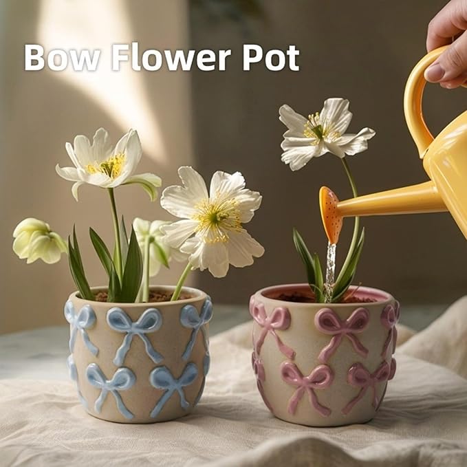 Ceramic Flower Pots for Indoor and Outdoor Plants, Succulent Orchid Round Clay and Terracotta Planter for Garden Home Modern Decoration 5.3 Inch (Pink Bow, Without Saucers)