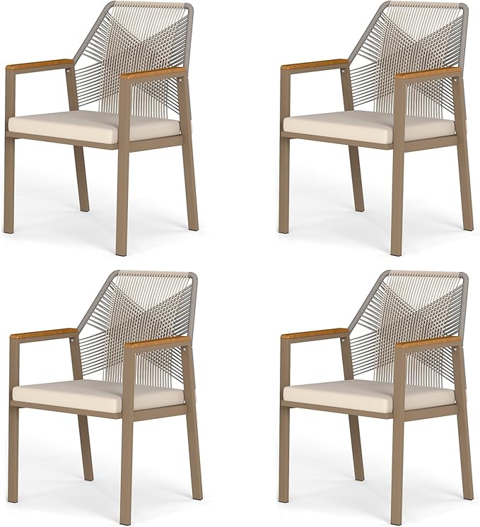 Aluminum Outdoor Patio Dining Chairs - Imitation Rope Vine Chair Ergonomic Backrest Design Detachable Seat Cushion Soft and Breathable Garden Porch Light Brown Set of 4