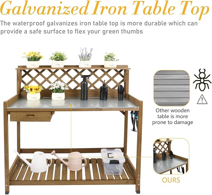 Ketive Garden Potting Bench with Metal Tabletop,Outdoor Potting Table Workstation Benches with Drawer/Storage Shelf，Fir Wood Potting Station Work Table with Open Shelf,Lattice Back (Brown)
