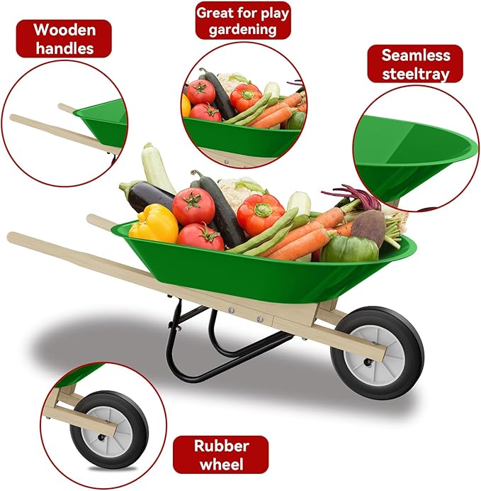 Qtioucp Kids Wheelbarrow Set with Gardening Tools Outdoor Backyard Garden Play for Toddlers Boys Girls 3-8, with Shovel, Rake, Leaf Rake, Easter Birthday Gifts (Green Garden Set)