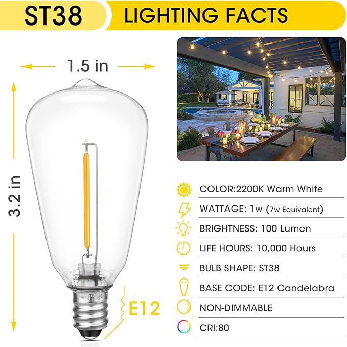 VISTERLITE E12/C7 Base LED Replacement Bulbs for ST38 Outdoor String Lights - Not Solar, Vinatge 1W LED Shatterproof Bulb, Warm White 2200K, 25 Pack