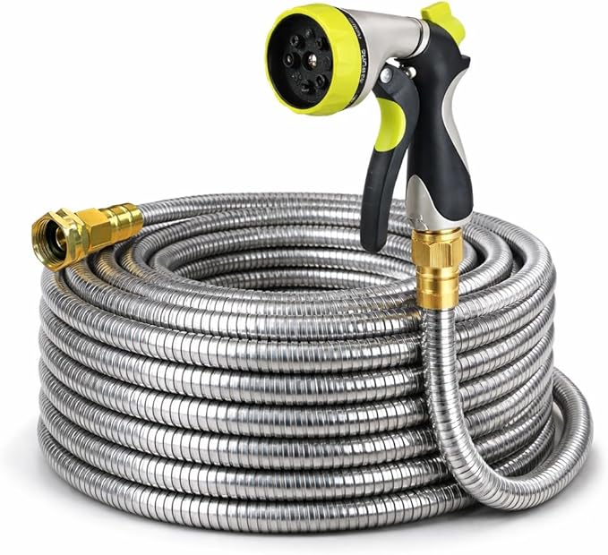 Metal Garden Hose 50 ft – 304 Stainless Steel Water Hose with Nozzle Sprayer, Garden Hoses Flexible, Lightweight, No Kink, Heavy Duty for Outdoor (50 ft)