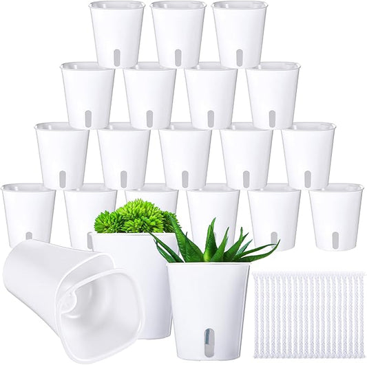 20 Sets 3" Self Watering Pots, White Self Watering Planters for Indoor Plants, Small Plastic Self Watering Garden Pots with Level Indicator and Vents for House Plants, Flowers