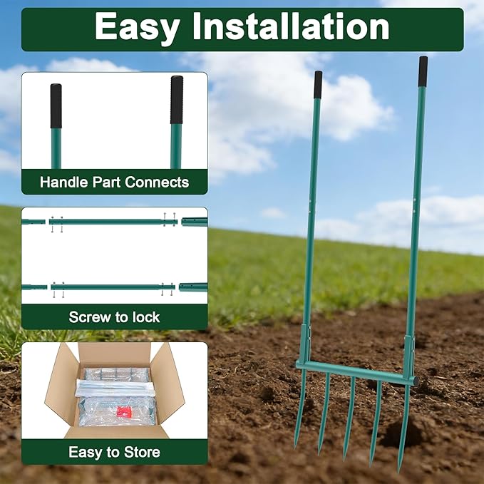 Broad Fork Garden Tool - 5 Tines Heavy Duty Broadfork for Digging, Cultivating & Loosening Soil, Ergonomic U-Shaped Design Hand Tiller for Gardening & Farming