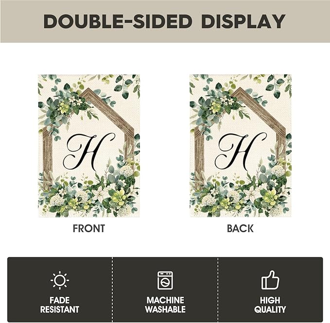 AVOIN colorlife Initial Letter H Monogram House Flag 28x40 Inch Double Sided Outside, Spring Floral Family Last Name Yard Decoration