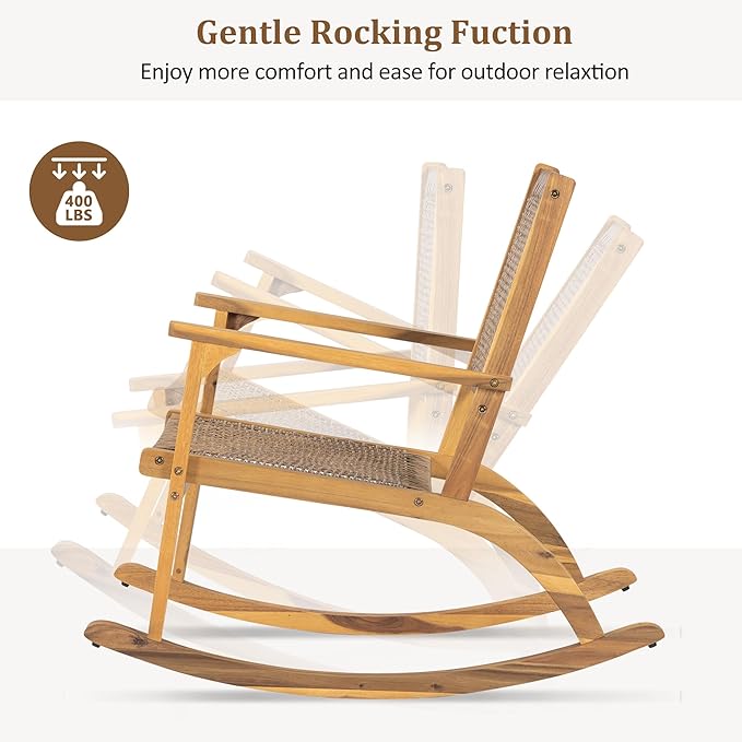 Merax 2-Piece Patio Rocking Chair Set, Acacia Wood Outdoor Rockers with PE Wicker Rattan Seat & Backrest, Comfortable Garden Porch Chairs for Backyard, Balcony, Poolside