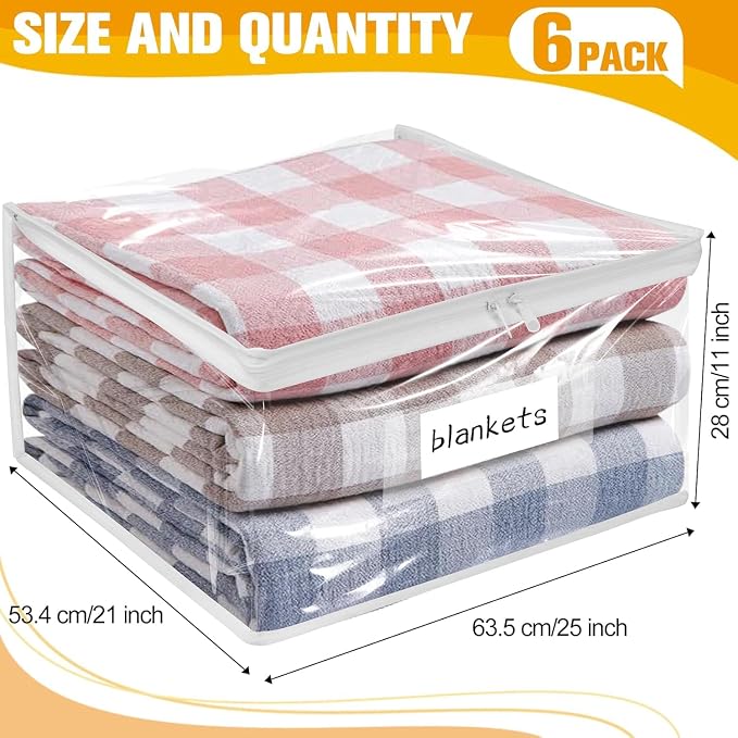Plastic Storage Bags with Easy-Glide Zipper, Pack of 6, Durable Clear Vinyl Zippered Storage Bags for Clothes Sweaters Comforters Blankets Sheets Bedding (25 x 21 x 11 Inch, Transparent White)
