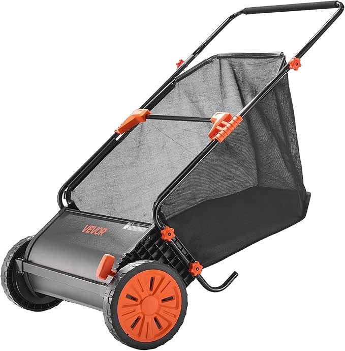 VEVOR Push Lawn Sweeper, 30 in Leaf & Grass Collector with 12 cu. ft. Hopper Bag, Adjustable Brush Height & Spinning Brushes, Heavy Duty Yard Sweeper with Rubber Wheels for Leaves Grass Cleanup