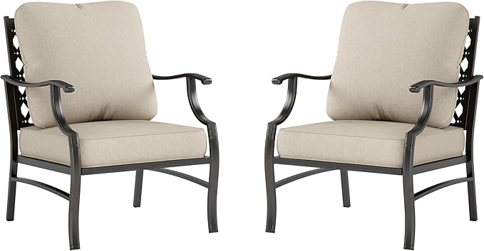 SUNSHINE VALLEY Metal Patio Chairs Set of 2 with 5.75" Extra Thick Cushion, 2 Pieces High Back Outdoor Patio Chairs All Weather Outdoor Furniture Seating for Deck Backyard Balcony Front Porch, Beige