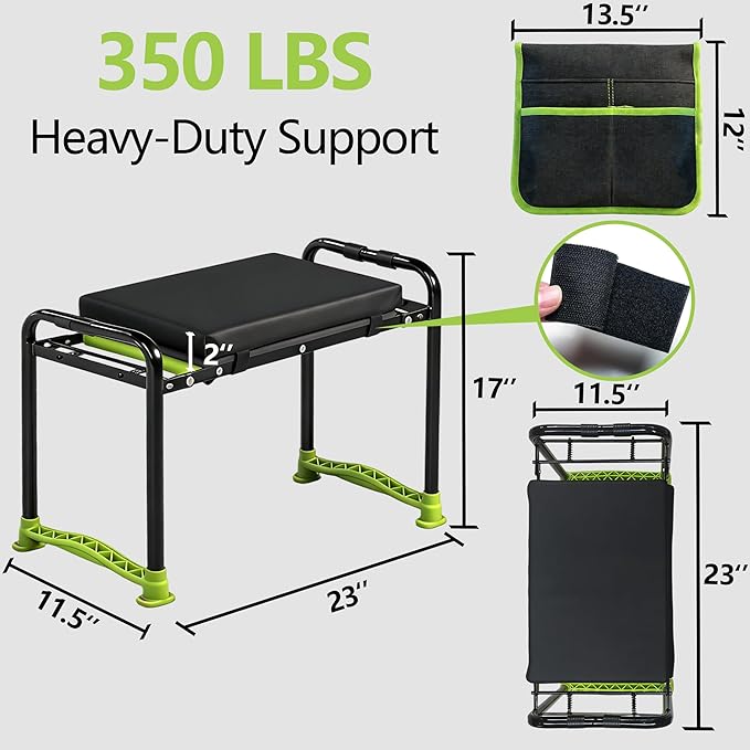 Garden Kneeler and Seat, Heavy Duty Garden Stool with 11" Wide Detachable Kneeling Pad, Foldable Garden Bench Chair with 2 Gardening Tool Pouches, Gardening Gifts for Women, Seniors