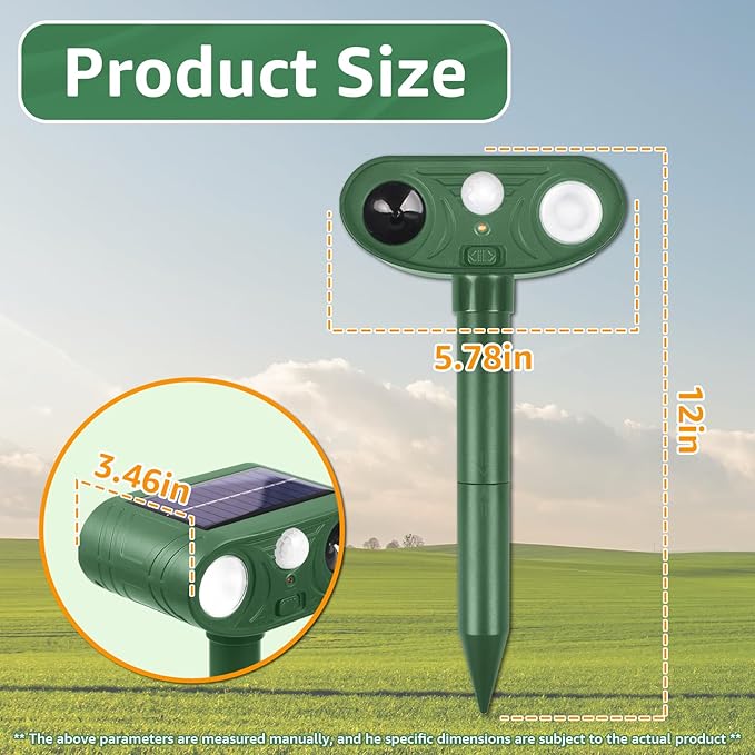 Solar Ultrasonic Animal Repellent Outdoor with Motion Sensor Strobe Light Deer Repellent Devices for Squirrel Rats Snakes Rabbit 25KHZ Silent Deterrent Dual Mode Yard Garden Lawn Pest Control 2PCS