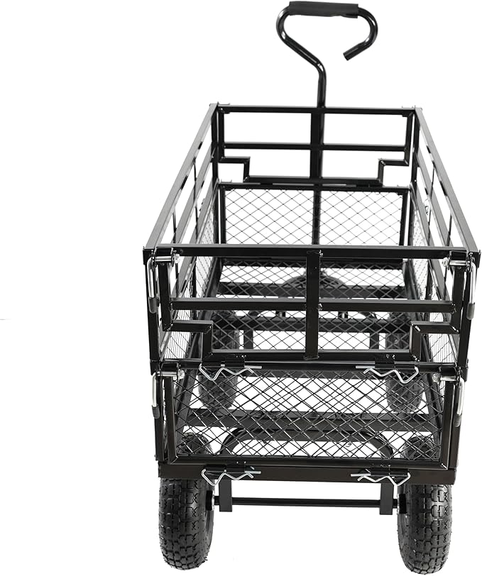 Steel Garden Cart 400 lbs Capacity Heavy Duty Garden Wagons,with Removable Steel Mesh Sides to Convert into Flatbed,Utility Metal Wagon w/ 180°Rotating Handle (Black-Pneumatic-Double Height)