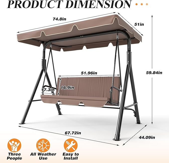 GARTOO 3-Seat Patio Swing Chair, Outdoor Porch Swing with Adjustable Canopy and Durable Steel Frame for Patio, Garden, Poolside(Brown)