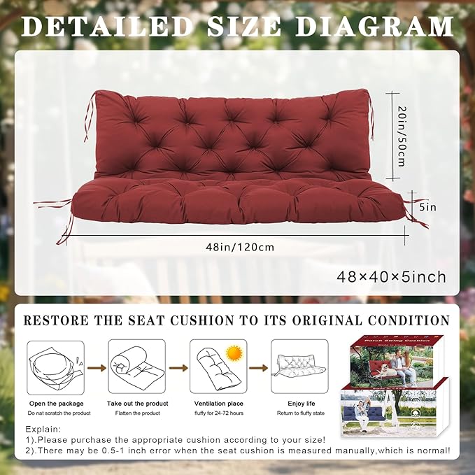 Replacement Cushions for Outdoor Furniture 48 Inch Waterproof Porch Swing Cushions 2 Seater with Backrest Extra 5" Thicken Durable Patio Long Bench Cushions(Wine Red 48×40×5inch)