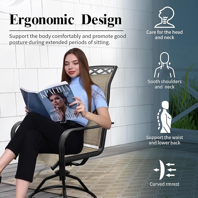SHGJ&SOFT Patio Swivel Chairs, Waterproof Outdoor Dining Chairs with All-Weather Textilene Mesh for Deck, Garden, and Backyard (Patterned Backrest-Brown, Set of 2)
