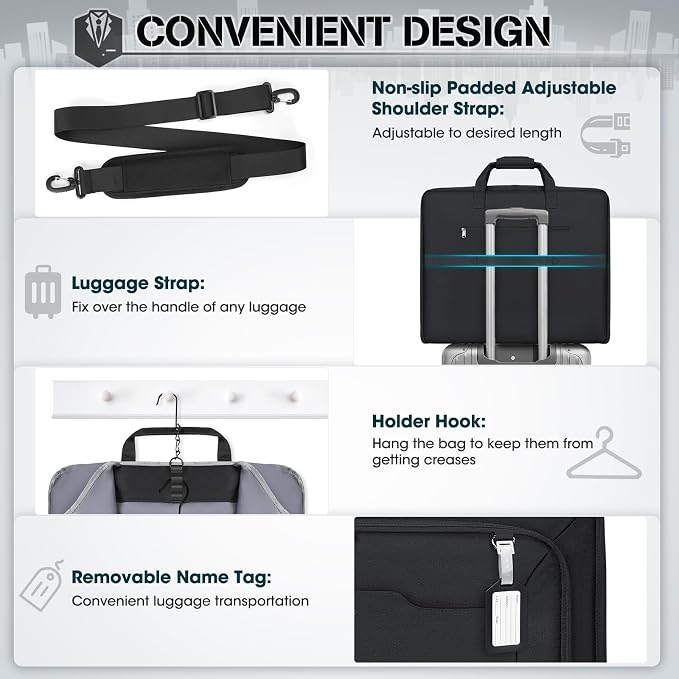 RAINSMORE Garment Bags for Travel Carry On Garment Bag for Hanging Clothes, Suit Bag for Business Trips with Shoes bag & Shoulder Strap, Waterproof Foldable Suit Luggage Bag for Men Women, Black