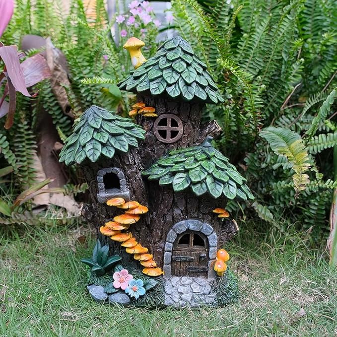 Zayton Solar Garden Treehouse Outdoor Statues Yard Resin Decoration Gift Handmade Housewarming Gift for Patio Yard Lawn Waterproof Cracking