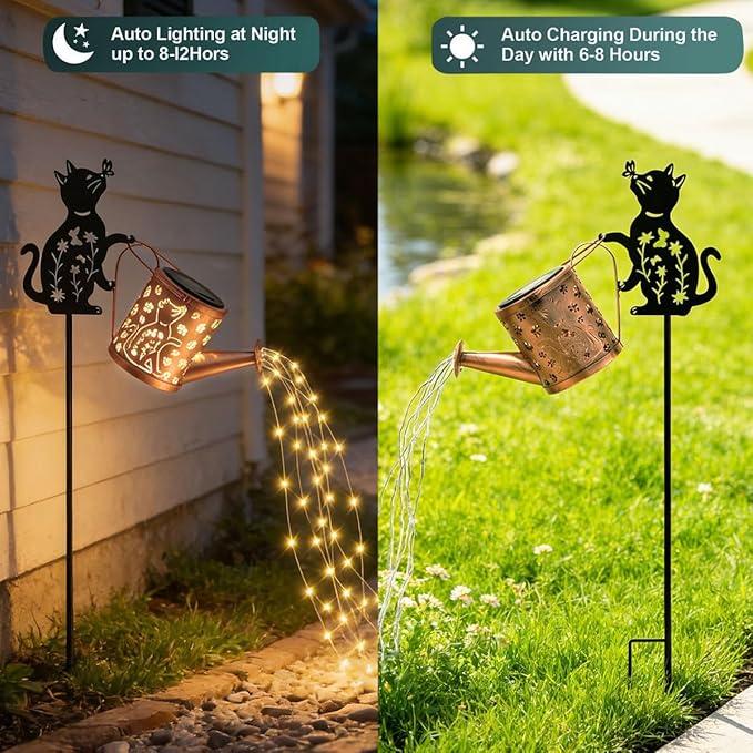 Outdoor Solar Cat Garden Decorative, 2 Pcs Solar Watering Can with Light, Featuring Metal Cat Silhouette Stake, Day Gift for Women, Outdoor Waterproof,for Landscape,Lawn, Garden Path Decor